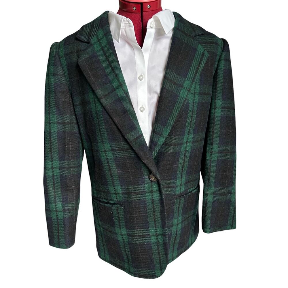 Vintage Sag Harbor Size 8 P Wool Blend Plain Tartan One Button Blazer Jacket